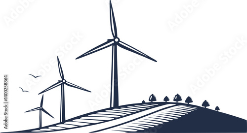 Wind turbines rotate against the blue sky, generating clean electric power as a renewable energy technology in an environmental wind farm