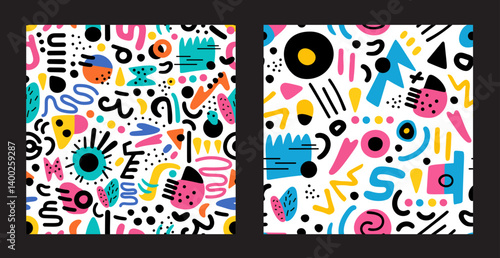Set of bright abstract modern seamless patterns in memphis and doodle style. Design for wrapping, backgrounds, printing on fabric and textile in extravagant style, for children and holidays