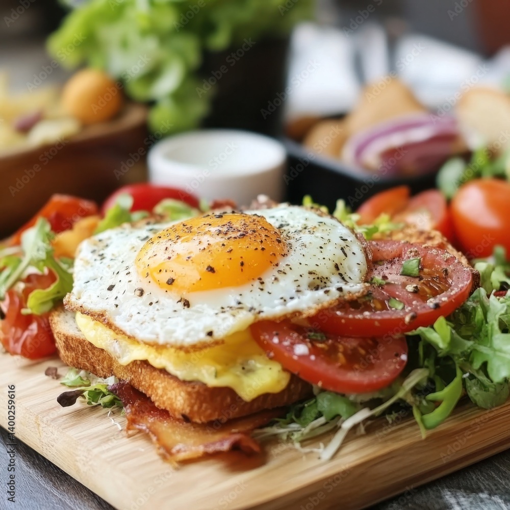 Delicious breakfast toast with fried egg tomatoes and bacon on wooden board close up shot healthy food photography Delicious breakfast toast with fried egg tomatoes and bacon on wooden board close up shot healthy food photography