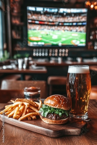 A delicious burger and fries alongside a glass of beer. with a football in the foreground. set in a lively sports bar atmosphere. as a game plays on the TV in the background