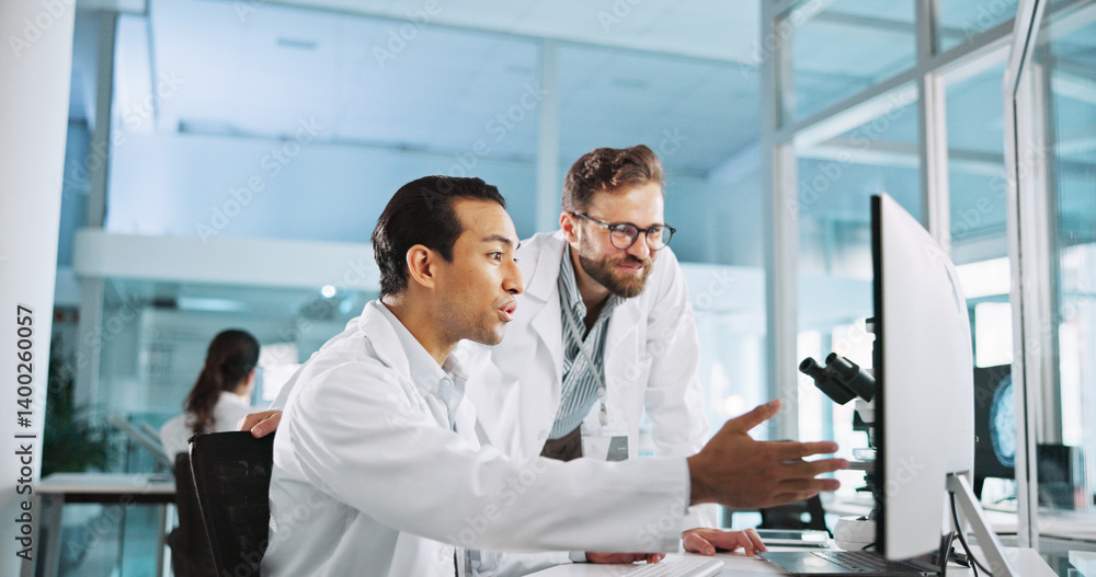 Teamwork, talking or happy scientists on computer for vaccine breakthrough, clinical trial or discovery. People, medical test or science research in lab with report results, bacteria or medicine cure Teamwork, talking or happy scientists on computer for vaccine breakthrough, clinical trial or discovery. People, medical test or science research in lab with report results, bacteria or medicine cure