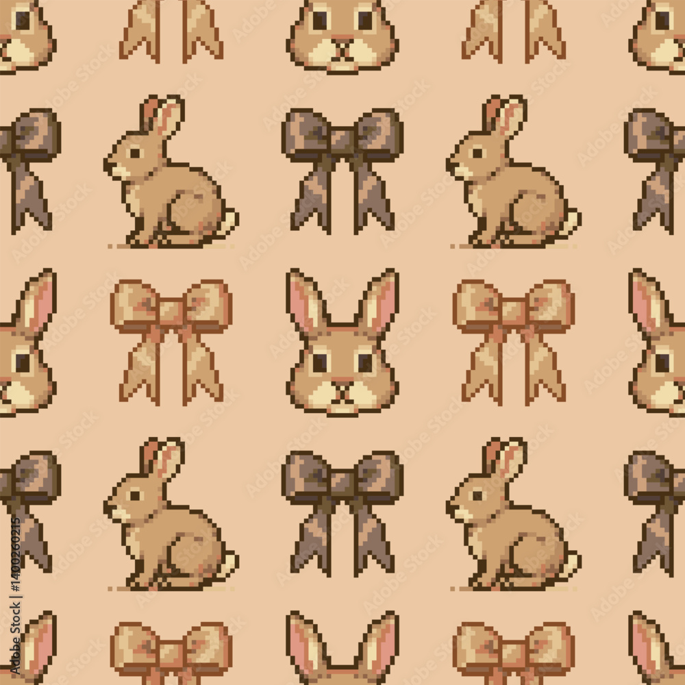Fototapeta premium Seamless pattern, bunny, satin bows, sepia tones, pixel art. Retro 8-bit style, beige background for Easter packaging, springtime decorations, seasonal textiles, children’s prints, holiday advertising