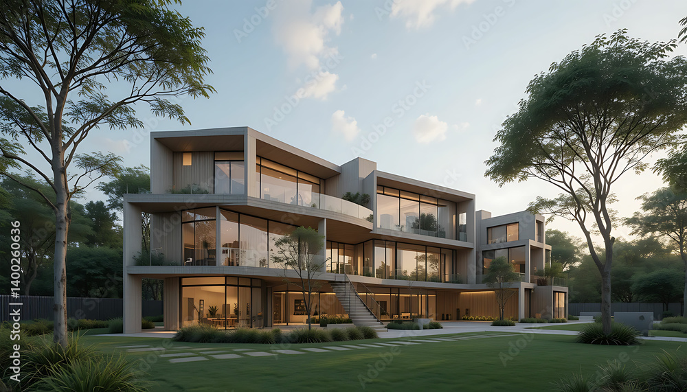 Modern concrete house with large windows surrounded by trees and green lawn at dusk or dawn time Modern concrete house with large windows surrounded by trees and green lawn at dusk or dawn time