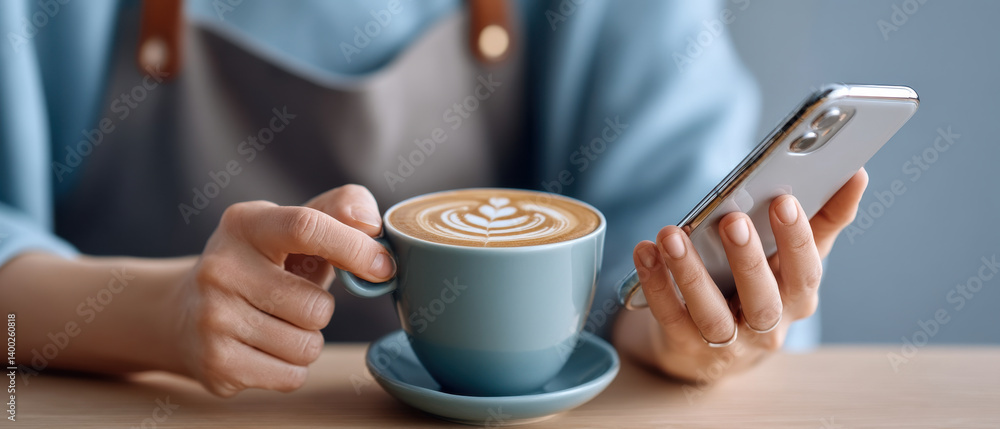 person holding latte with art while using smartphone person holding latte with art while using smartphone