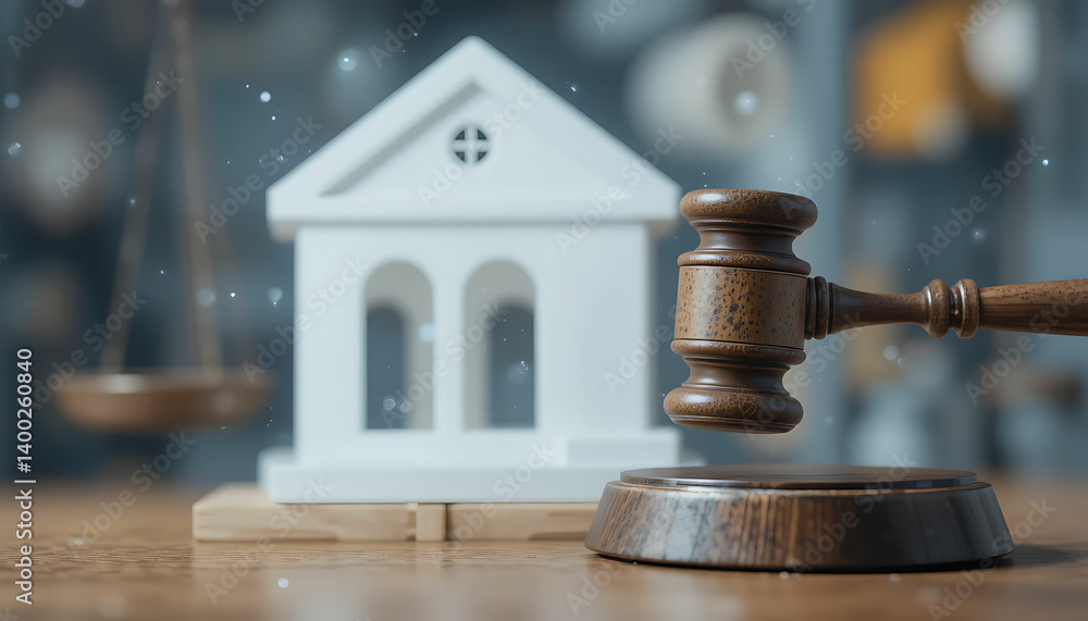 Gavel and model house with scales of justice symbolizing legal real estate matters and judicial rulings Gavel and model house with scales of justice symbolizing legal real estate matters and judicial rulings