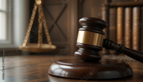 Wallpaper Mural Close up of a gavel and scales of justice on a wooden table in a courtroom setting with books Torontodigital.ca