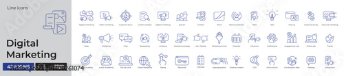 42 Digital marketing elements in thin line style, Editable vector icon set , featuring : SEO, SMM, content, analytics, customer journey, ads, influencer marketing, and more.

