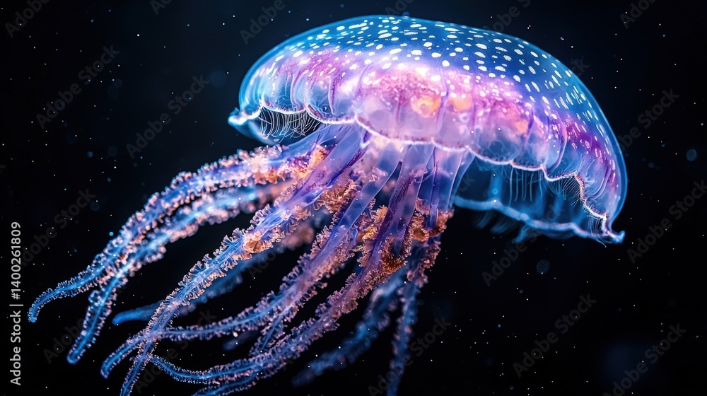 Obraz premium A mesmerizing bioluminescent jellyfish floating gracefully in the vast expanse of space, its iridescent body emitting vibrant colors that stand out strikingly against the inky black backdrop.