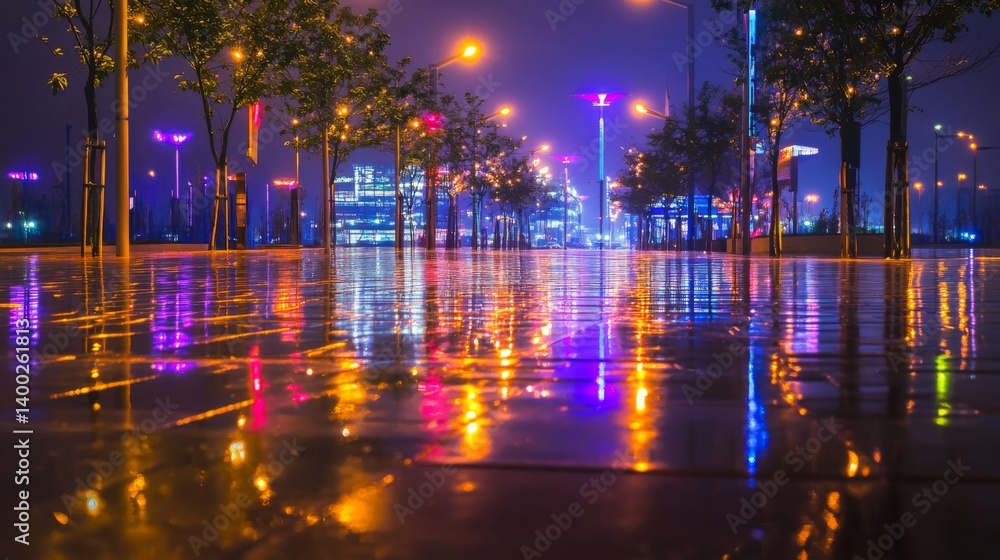 Obraz premium City at night with glowing lights reflected on wet streets