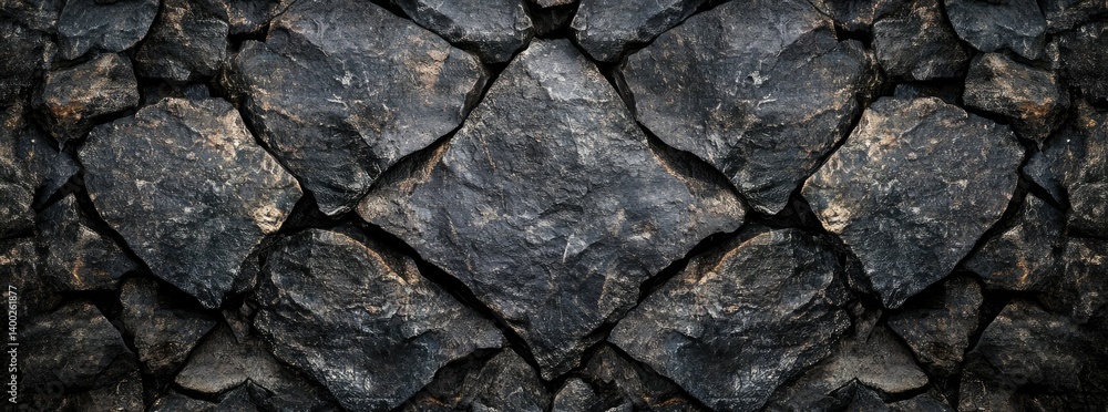 Fototapeta premium A close-up view of dark. textured rock formations arranged in a symmetrical pattern. showcasing natural geological features. ideal for backgrounds in design projects