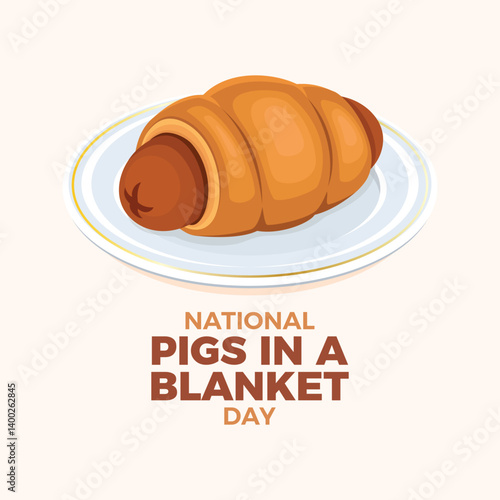 National Pigs in a Blanket Day poster vector illustration. Sausage roll savoury dish on a plate icon. Sausage meat wrapped in puff pastry drawing. Template for background, banner, card. 24 April