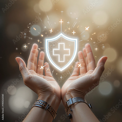 Hands holding glowing shield with cross concept protection and health