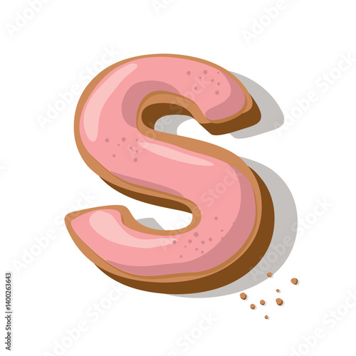 Letter S cookie, pink icing. Festive Gingerbread Cookie Alphabet Sweet Holiday Lettering S