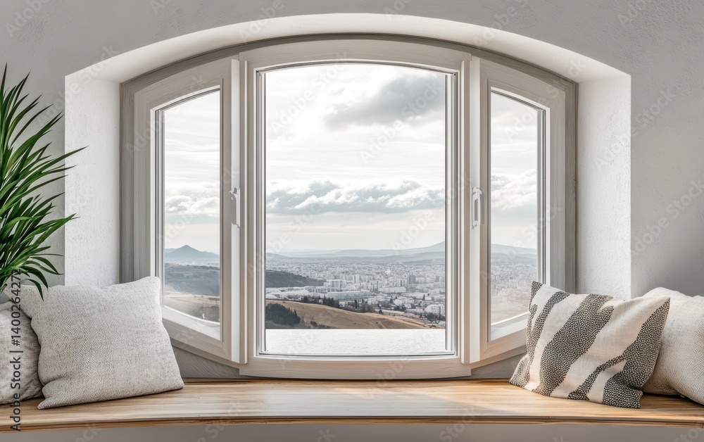 Obraz premium A window displays a city view alongside a thriving green plant.