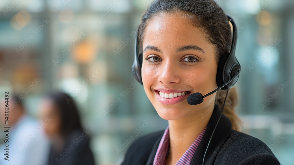 Young Professional Woman Wearing Headset in Customer Service Setting Young Professional Woman Wearing Headset in Customer Service Setting