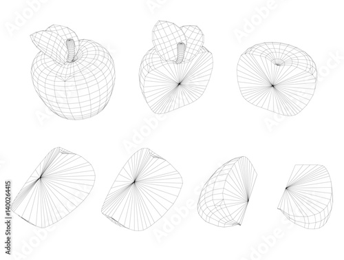 A series of drawings of Apple and vegetables in black and white. The drawings are all different shapes and sizes, but they all have a similar texture and feel