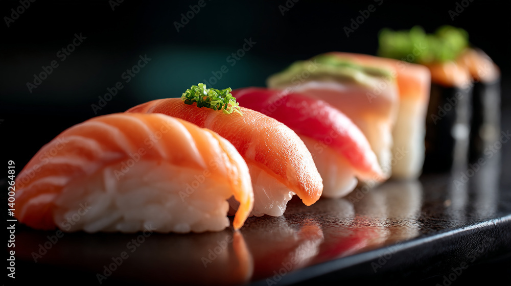 Delicious japanese sushi nigiri salmon tuna and other seafood on black plate food photography Delicious japanese sushi nigiri salmon tuna and other seafood on black plate food photography