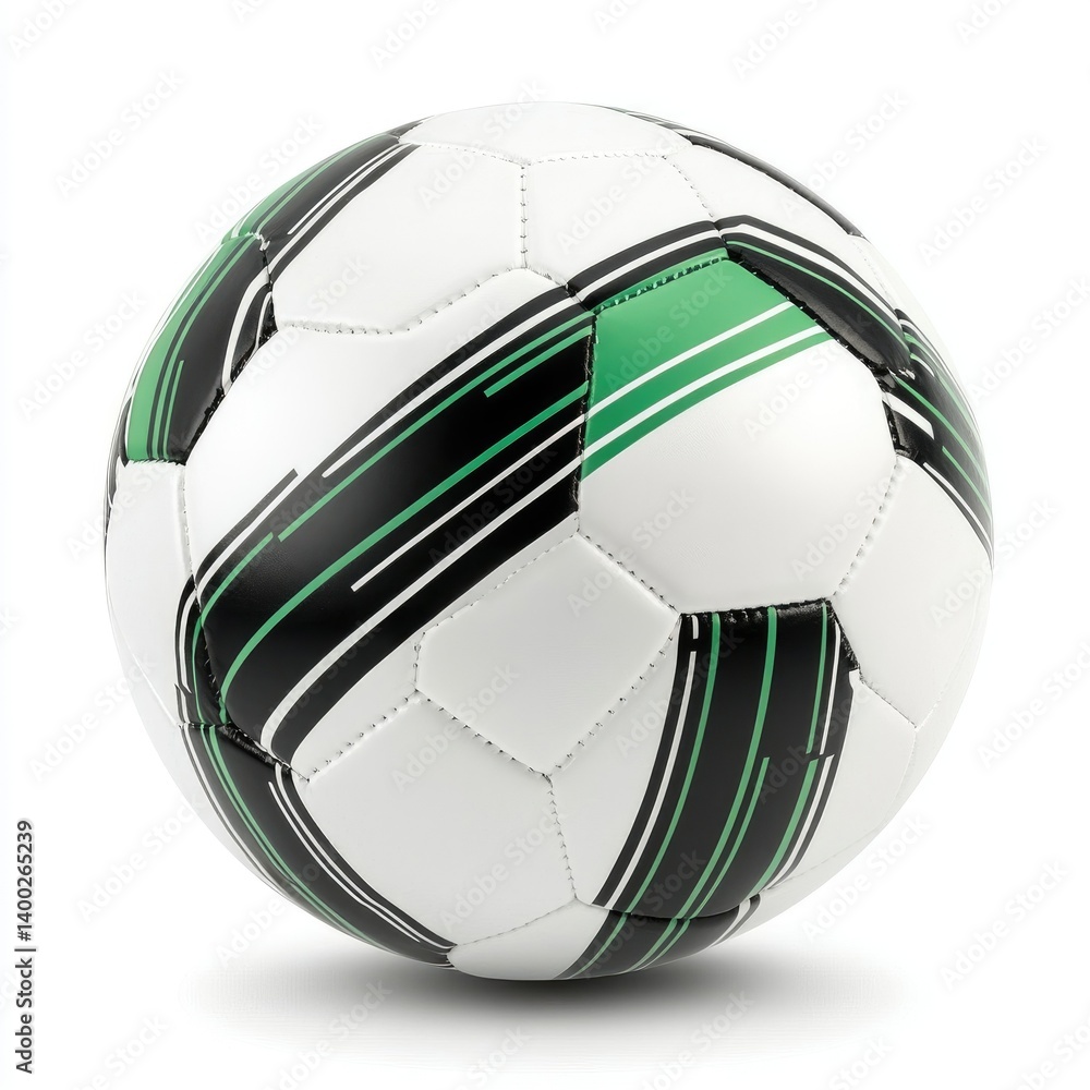 Fototapeta premium Isolated Soccer Ball on White Background with Black and Green Stripes