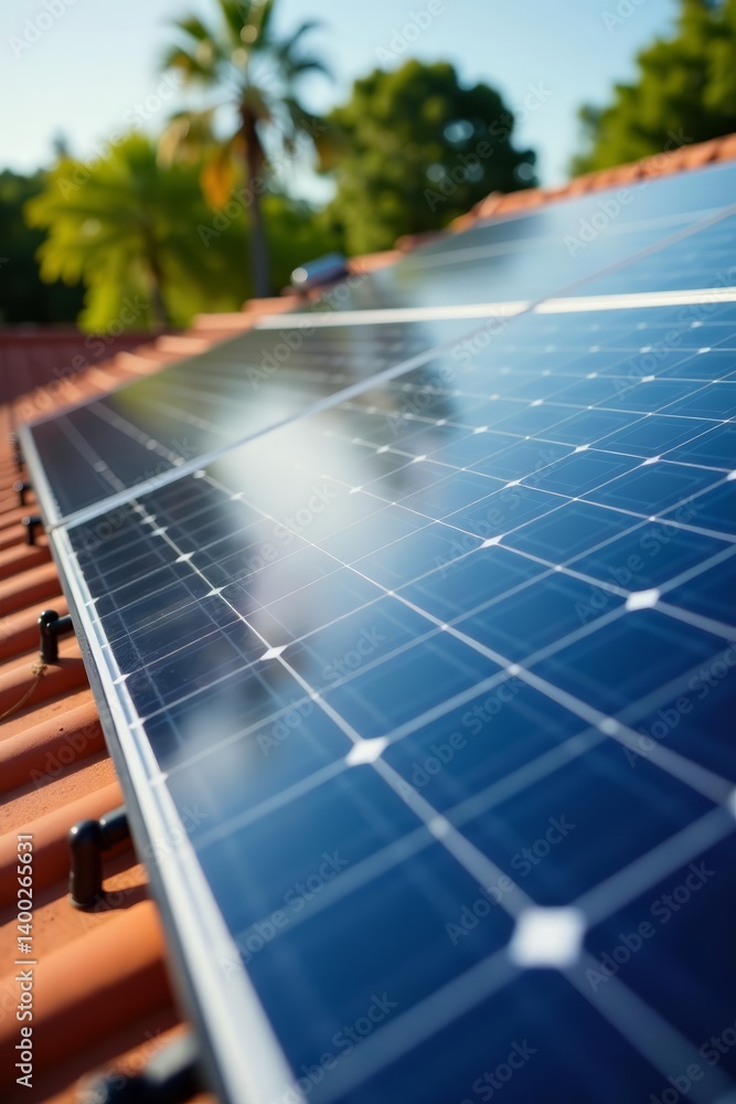 Fototapeta premium Close-up of solar panels on a rooftop providing eco-friendly energy, solar energy, environment