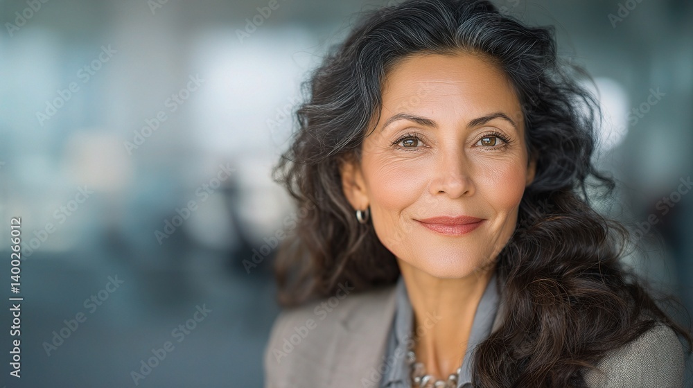 Fototapeta premium Professional Portrait of Latin Woman with Curly Hair and Soft Smile