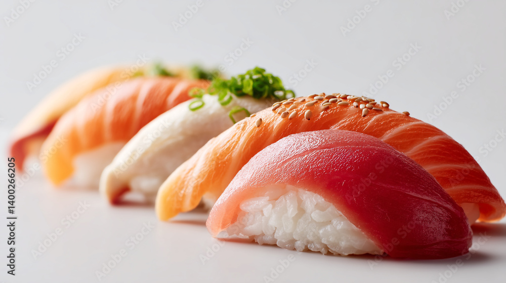 Delicious fresh sushi nigiri assortment with salmon tuna and other fish types close up shot on white Delicious fresh sushi nigiri assortment with salmon tuna and other fish types close up shot on white