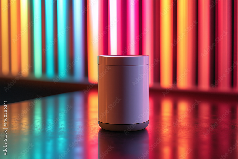 Glossy white thermal mug on a reflective table with colorful neon lights in the background at night time Glossy white thermal mug on a reflective table with colorful neon lights in the background at night time