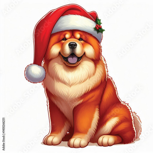 christmas Chow Chow Dog wearing santa claus hat Cartoon Vector Illustration isolated