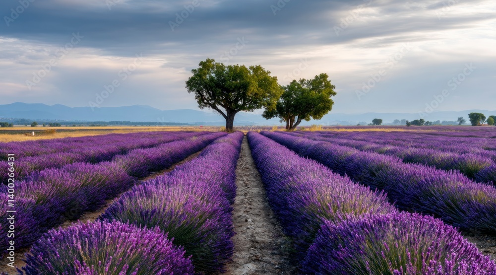 Obraz premium Lavender Field with Trees Under Dramatic Sky in Provence, France
