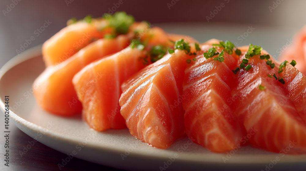 Fresh salmon sashimi slices with green garnish on plate delicious seafood japanese cuisine restaurant Fresh salmon sashimi slices with green garnish on plate delicious seafood japanese cuisine restaurant
