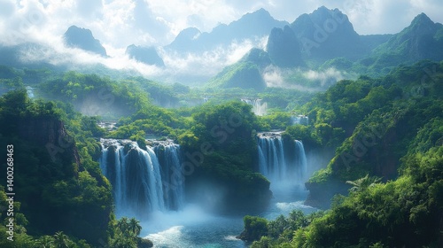 Lush Tropical Waterfall Cascade in Dense Green Jungle with Misty Mountains in the Distance