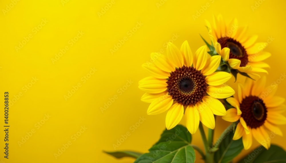 Naklejka premium Close-up of sunflowers against a bright yellow backdrop, sunflowers, summer, yellow background