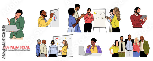 Set of Business scene vector colored outline illustrations on white background. Collection of men, women, business team working together, taking part in business activities, meeting, discussing