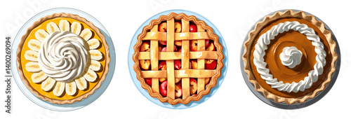 Three pies with whipped cream on top - banana, apple and chocolate. Vector illustration top view isolated on white background