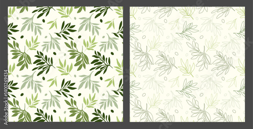 Set of seamless patterns with olive branches on a green background. Design template for wrapping, advertising olive oil, textiles and fabric. Eco-friendly and natural style.