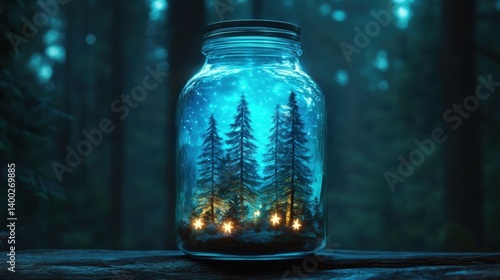 Bottled forest concept featuring glowing pine trees and stars captured in a creative glass jar during nighttime in a serene woodland setting