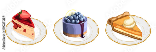 Panna Cotta dessert isolated on white background. Vector realistic illustration of Tasty and very Beautiful Italian desert with Blackberries