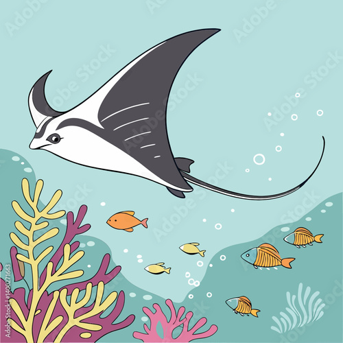 Cartoon Underwater Stingray And Fish