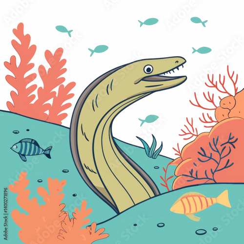 Cute Cartoon Eel In Coral Reef