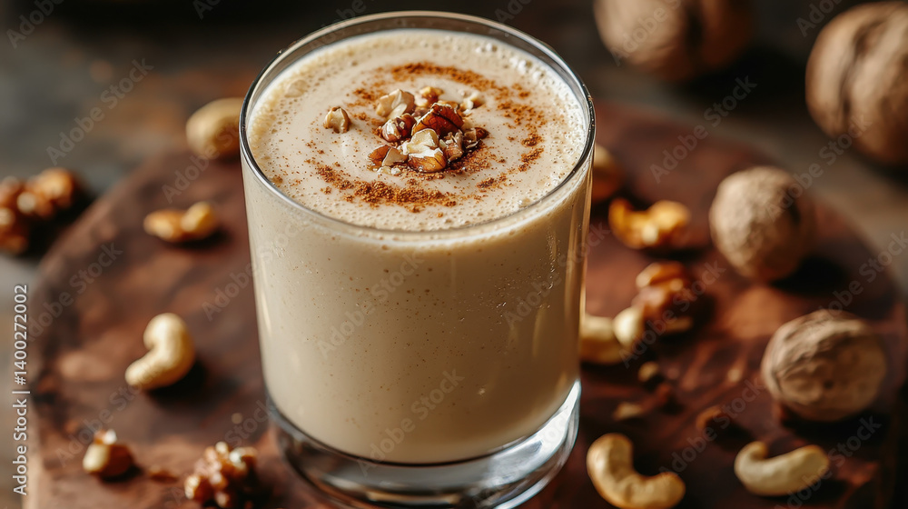 Delicious creamy nut milk blend with whole nuts on a rustic wooden table Delicious creamy nut milk blend with whole nuts on a rustic wooden table