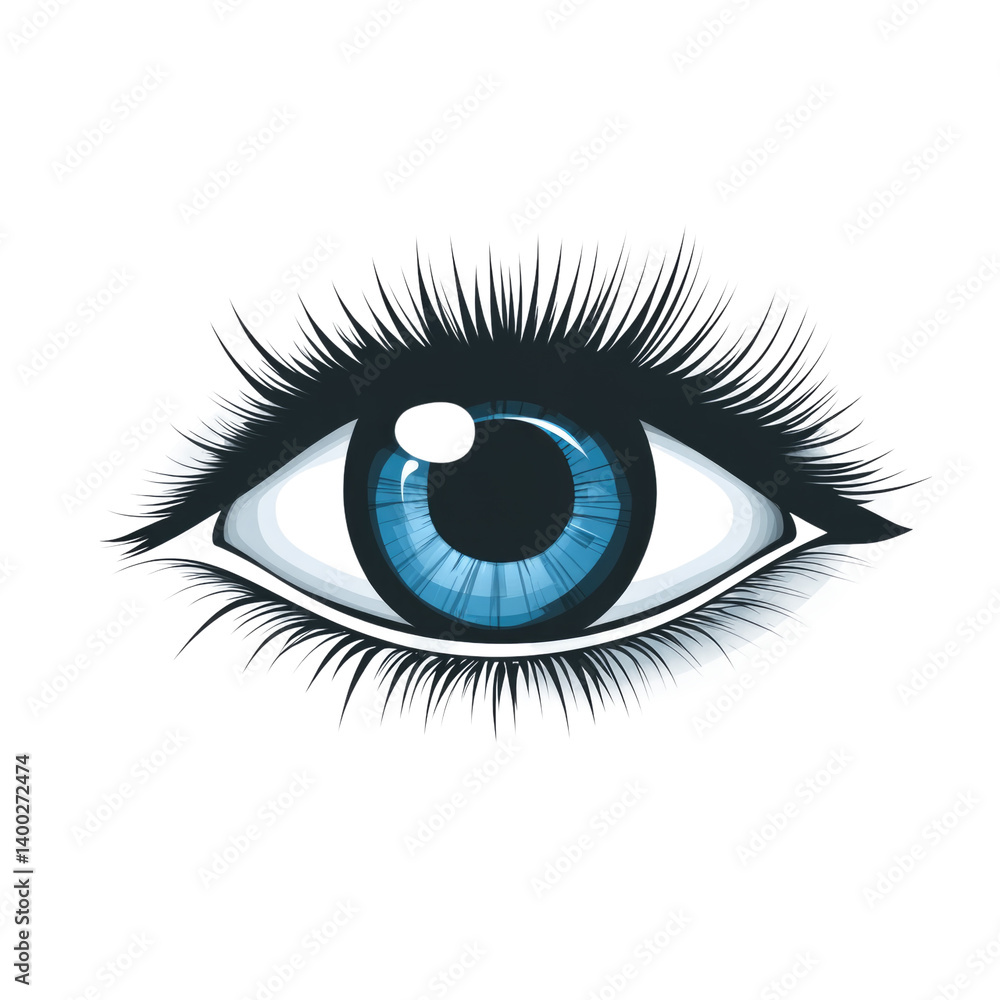 Blue eye with long eyelashes depicted in detailed design isolated on transparent background, cutout png Blue eye with long eyelashes depicted in detailed design isolated on transparent background, cutout png