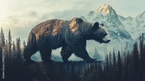 Creative bear walking through a landscape of pine trees and mountains in a double exposure nature concept at dawn