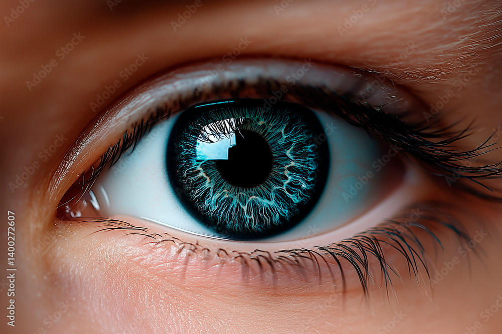 Fototapeta premium A close up of a blue eye with a black dot in the center 