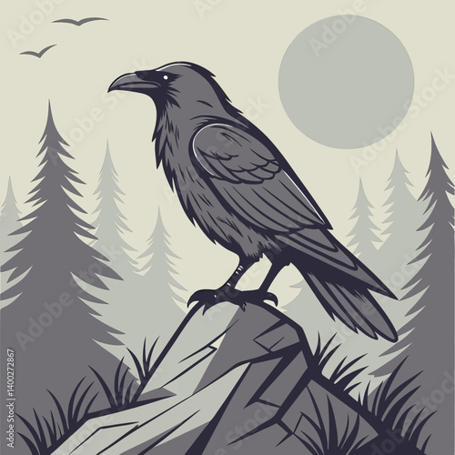 Raven On Rock Silhouette Design