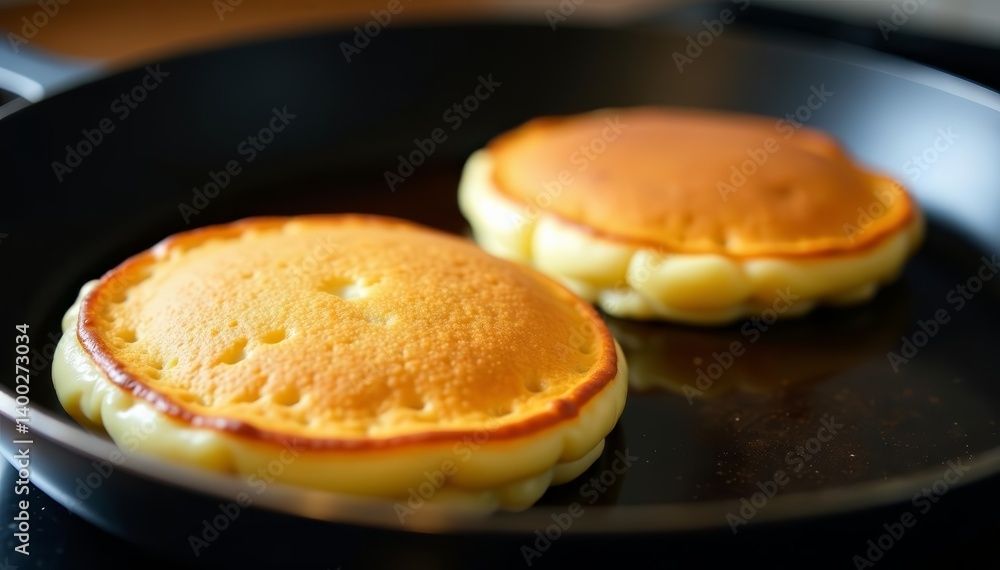Close-up of two fluffy pancakes cooking in pan on black stovetop, kitchen, breakfast, stove Close-up of two fluffy pancakes cooking in pan on black stovetop, kitchen, breakfast, stove