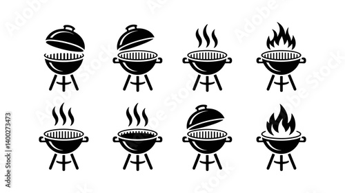 Grill Icon Collection: A set of stylized grill icons in different states, each depicting a grill in varying conditions - from the closed lid to the flames and smoke.