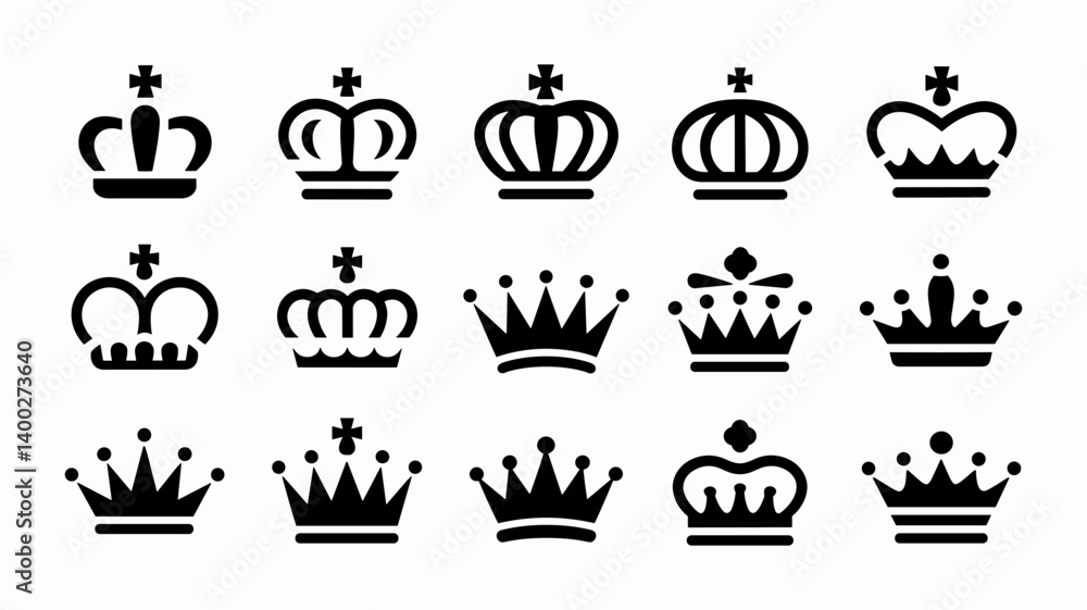Royal Emblems: A set of fifteen regal crown icons in a classic monochrome design, showcasing various elegant shapes and intricate details. A versatile collection. Royal Emblems: A set of fifteen regal crown icons in a classic monochrome design, showcasing various elegant shapes and intricate details. A versatile collection.