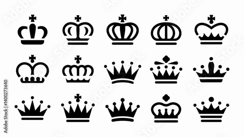 Royal Emblems: A set of fifteen regal crown icons in a classic monochrome design, showcasing various elegant shapes and intricate details. A versatile collection.