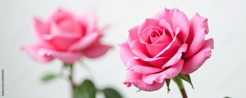 Obraz premium Close-up of two vibrant pink rose blossoms on white backdrop, roses, romantic, petals