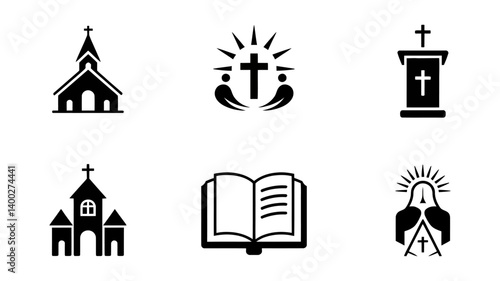 Religious Symbols Icon Set: A set of intricately designed religious icons, symbolizing faith, spirituality, and sacred places in a clean, elegant aesthetic, for graphic projects.