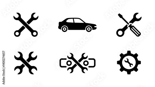 Mechanic's Emblem Set: A set of sleek, graphic icons captures the essence of automotive maintenance. A minimalist display of various tools and a car silhouette.